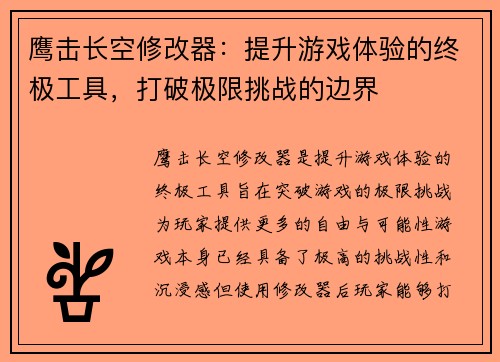 鹰击长空修改器：提升游戏体验的终极工具，打破极限挑战的边界