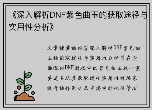 《深入解析DNF紫色曲玉的获取途径与实用性分析》
